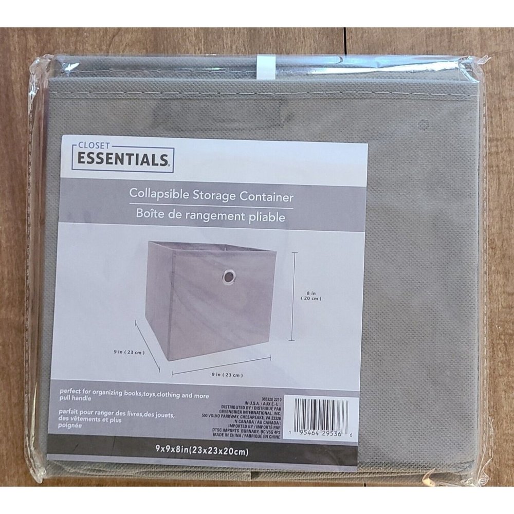 Essentials 9x9x8 Collapsible Storage Container Bin Box Square Gray NEW
